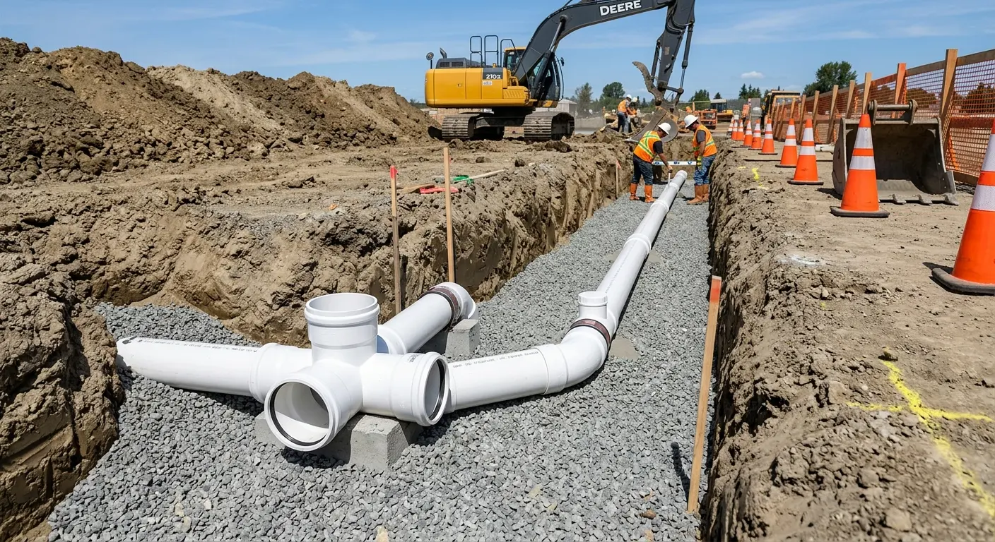 New PVC sewer pipe installation in open trench for Commercial Drain Cleaning in Salem