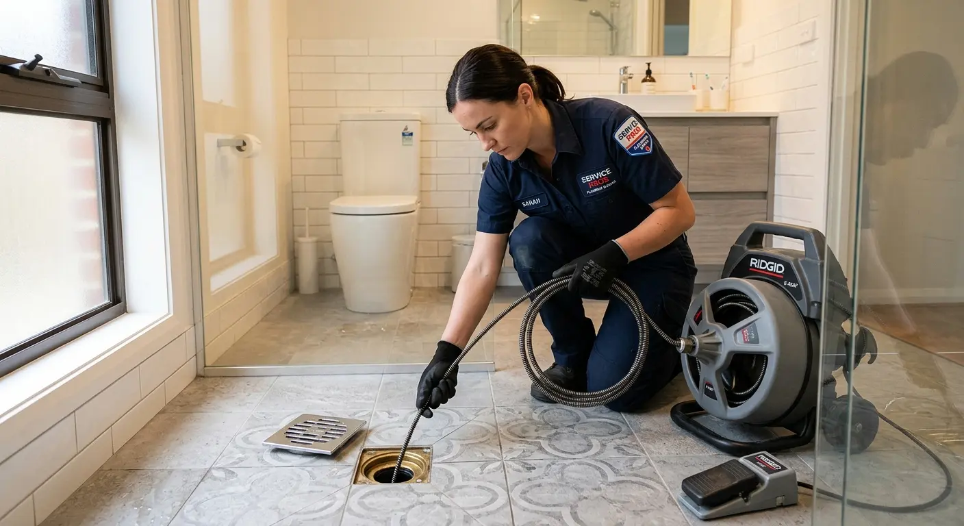 Technician clearing a bathroom floor drain for Hydro Jetting in Salem